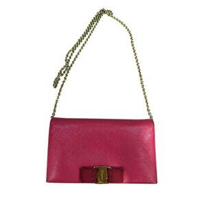 Salvatore Ferragamo Pink Leather Chain Strap Clutch With Gold Bow Detail